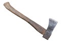 Old rust dirty dark gray axe with brown wooden handle isolated on white background with clipping path Royalty Free Stock Photo