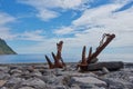 Rusted anchors in the harbor of Povoacao, Sao Miguel, Azores