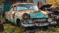 An old, rusted car sits abandoned in a desolate landscape, remnants of a bygone era. Royalty Free Stock Photo