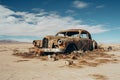 an old rusted car sits in the middle of a desert Royalty Free Stock Photo