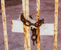 Old rusted chain locking deteriorating metal gate Royalty Free Stock Photo