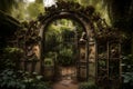 An old, rusted, and creaky gate opening into a twisted, overgrown garden filled with grotesque statues