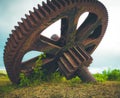 Old rusted gear wheel, surrounded by lush vegetation Royalty Free Stock Photo