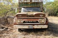 Old, rusted GMC truck sits abandoned by the side of a back rural road.