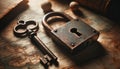 An old rusted lock and a key on a vintage map, symbolizing the key to one heart.. Generative AI