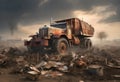 An old, rusted semi-truck with a tank trailer in a desolate, post-apocalyptic landscape. Royalty Free Stock Photo