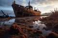 old, rusted shipwreck abandoned on a littered coastline