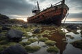 old, rusted shipwreck abandoned on a littered coastline