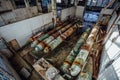 Old rusted submarine torpedoes in abandoned torpedo factory