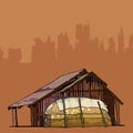 Old rustic barn with a large haystack