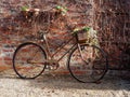 Old rustic Bike leaning on Red Brick Wall. Royalty Free Stock Photo