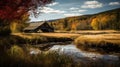 Spectacular Autumn Cabin By A Stream: Serene Naturecore With Dramatic Shadows