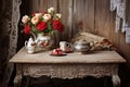 an old, rustic coffee table with a lace tablecloth and vintage tea set