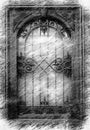 Old rustic door with ironwork in pencil drawing style