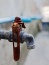 Old rustic faucet from blue plastic pipe with red handle and brass spout in retro or vintage style Royalty Free Stock Photo