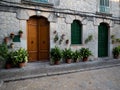 Old rustic mediterranean traditional house facade wall architecture flower decoration Mallorca Balearic Islands Spain Royalty Free Stock Photo