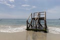 Old and rustic mossy wooden stairs at Colombian Rodadero Santa marta city beach