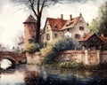 Old rustic quaint European village town on a river with a bridge. Vintage, abstract, impressionist oil painting.