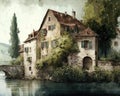 Old rustic quaint European village town on a river with a bridge. Vintage, abstract, impressionist oil painting.