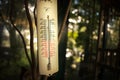 The old rustic thermometer is in the garden and measures the temperature and reminds of the past