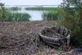Old rustic timber rowboat filled with straws abandoned next to a lake Royalty Free Stock Photo