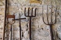Old rustic tools leaning against a stone wall Royalty Free Stock Photo