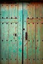 Old rustic wooden door with different layers of cracked green paint