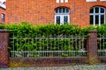An old rusting wrought iron fence with green plants growing behind it and a building in the background in Germany Royalty Free Stock Photo
