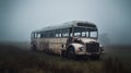 an old rusty abandoned bus stands alone in a field on a foggy day