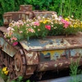 Old rusty abandoned crashed transport standing in summer meadow with wildflowers, Metal garbage car on field, war and Royalty Free Stock Photo