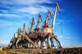 Old rusty abandoned port cranes