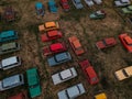 Old rusty abandoned retro cars, aerial view