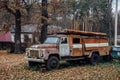 Old rusty abandoned Soviet fire truck in the village Royalty Free Stock Photo