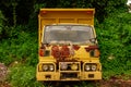 An old, rusty, abandoned yellow and beige truck Royalty Free Stock Photo