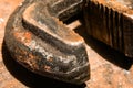 Old rusty adjustable wrench is close Royalty Free Stock Photo
