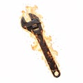 Old rusty adjustable wrench engulfed in bright vertical flames, symbolizing hard work Royalty Free Stock Photo