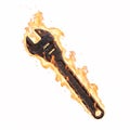 Old rusty adjustable wrench engulfed in bright vertical flames, symbolizing hard work Royalty Free Stock Photo