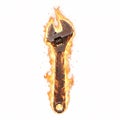 Old rusty adjustable wrench engulfed in bright vertical flames, symbolizing hard work Royalty Free Stock Photo