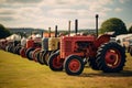 Old and rusty agricultural tractors lined up