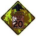 Old rusty American road sign - School speed limit ahead