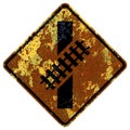 Old rusty American road sign - Skewed railroad crossing Royalty Free Stock Photo