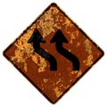 Old rusty American road sign - Traffic shift left