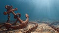 Rusty Anchor Underwater on Sandy Seabed with Sun Rays Royalty Free Stock Photo