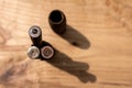 old rusty artillery shell and aircraft projectile on wooden background, shells bullets of world war 2 found, digged out