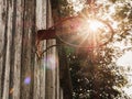 Old rusty basketball hoop mounted on a wooden wall of a barn of a farm. Popular sport. Practice and develop skill in tough rough