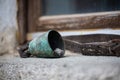 Old rusty bell, cowbell on windowsill