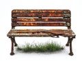 Old rusty bench with grass growing through the slats in a park setting during the day Royalty Free Stock Photo