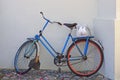 Old rusty Bicycle with white pigeons in a cage in the trunk