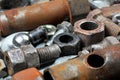 Old rusty bolts, nuts, mechanical parts and tools Royalty Free Stock Photo