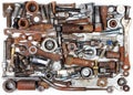 Old rusty bolts, nuts, mechanical parts and tools Royalty Free Stock Photo